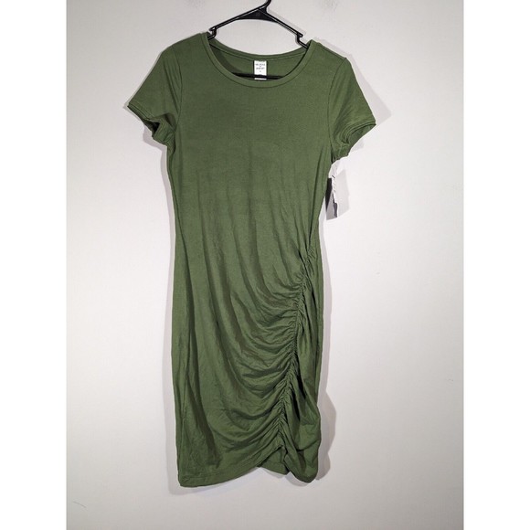 Melrose and Market Green Bronze Ruched Cotton Blend T Shirt Dress Women Size XS - Picture 2 of 8
